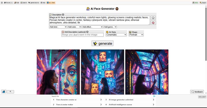 سایت چهارم: پرچنس (perchance.org/ai-face-generator) – تولیدکننده آزاد بدون مرز