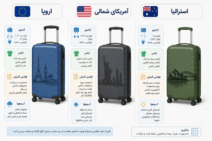 تفاوت‌ها بر اساس مقصد (اروپا، آمریکای شمالی، استرالیا)