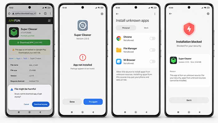 علت سوم: نصب از منابع غیررسمی یا فایل‌های ناقص (APK خراب)